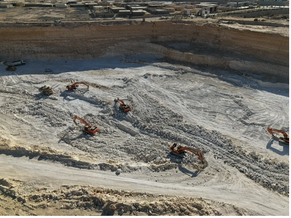 Drone view of earthworks and excavators on a Dubai construction site during progress monitoring